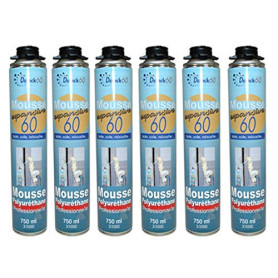 DSTOCK60 - LOT DE 6 MOUSSES PISTOLABLES - MOUSSE EXPANSIVE 750 ML - MOUSSE POLYURÉTHANE PROFESSIONNELLE - ISOLE, COLLE ET REBOUC