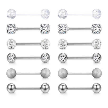 CASSIECA 12Pcs 14G Piercing Teton et Langue pour Femme en Acier Chirurgical - Barbells Argent Bijoux Mamelon