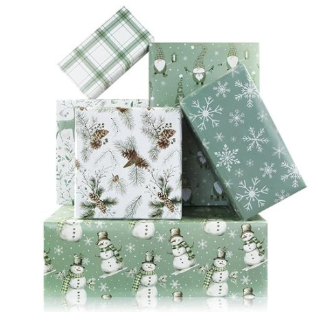 Lot de 6 feuilles de papier cadeau de Noël vert sauge, bonshommes de neige, flocons de neige, branches de pin, rennes, gnomes, 6