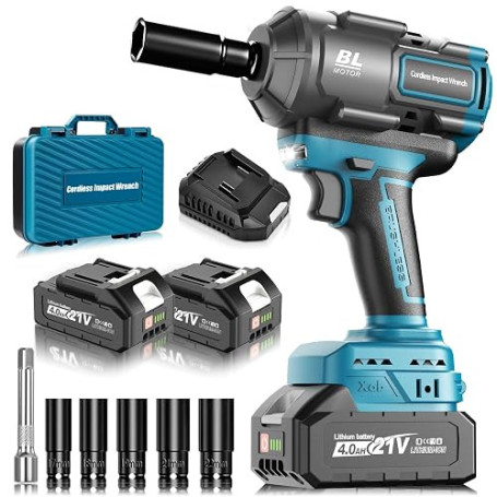 blayram 1200Nm Cle a Choc Sans Fil Brushless Compatible avec Makita 18V Batteries, 1/2 pouce Boulonneuse a Choc avec 2x4.0Ah Bat