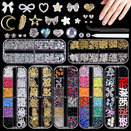 Solivive Lot de 7 Boîtes Strass Ongle Nail Art avec Bijoux Ongles, Nail Art Décorations 3D- avec Stylo à Cire pour Strass et Pin
