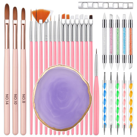 Yokilly Lot de Pinceaux Nail Art, 31 Pcs Pinceau Nail Art Ongles Acrylique | Pinceau Ongle avec 5 Pièces Pinceaux en Silicone Na