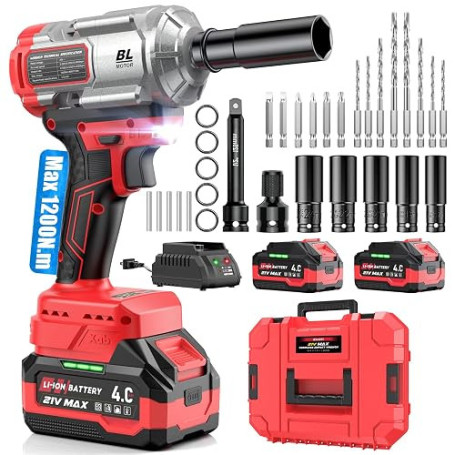 XIAZIR Clé à chocs sans fil 1200 Nm 3-en-1 / Visseuse à Chocs/Perceuse à Chocs – Couple Élevé 1/2" avec Moteur Brushless, 2× Bat