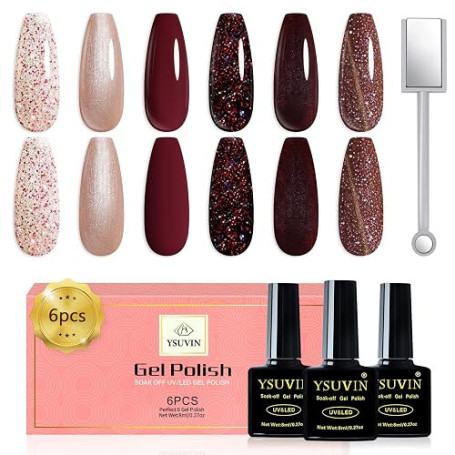 YSUVIN Vernis Semi Permanent, 6 Couleurs Rouge Foncé Pailleté Nude Marron Magnétique Automne Hiver Vernis Gel Soak Off UV LED Ve