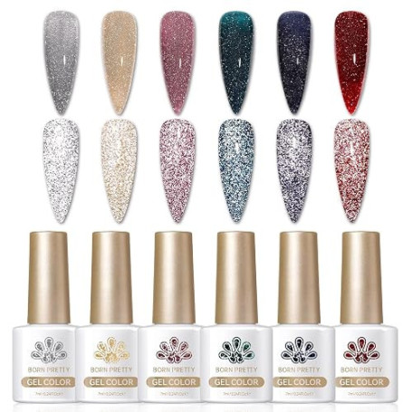 Born Pretty Vernis Semi Permanent Pailleté, 6 Couleurs Or Rouge Argent Brillant Réfléchissant Gel Nail Polish Soak Off U V/LED S