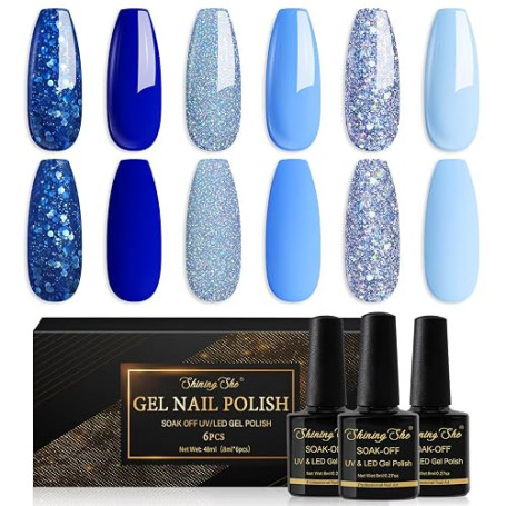 Shining She Vernis Semi Permanent, 6 Couleurs Bleu Clair Bleu Foncé Paillettes Gel UV Semi Permanent Soak Off UV/LED Vernis à On