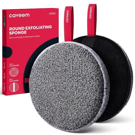 CAVEEM Éponge Exfoliante Corps, Scrubber Douche Corps, Lot de 2, Rond | Exfoliation Double Texture, Scrub Corps et Bain, Exfolia