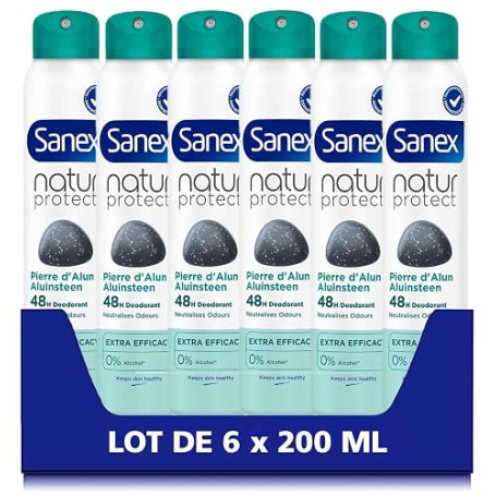 Sanex, Pierre d'Alun Déodorant Spray, Natur Protect, 6 x 200 ml | Déodorant en spray, Protection anti-odeurs cliniquement prouvé