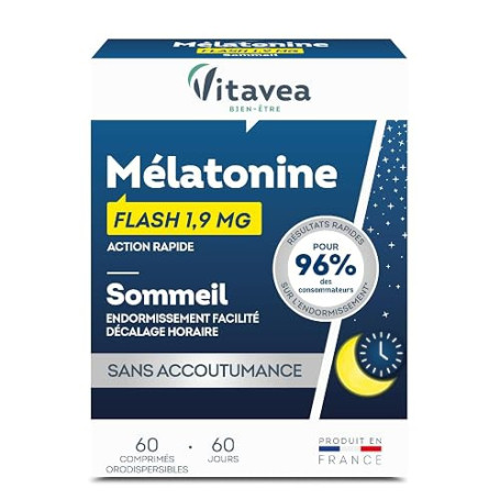 Vitavea Bien-être - Mélatonine 1,9 mg Sommeil Endormissement - Cure 2 mois | Adapté au Décalage Horaire - Action Rapide - Compri
