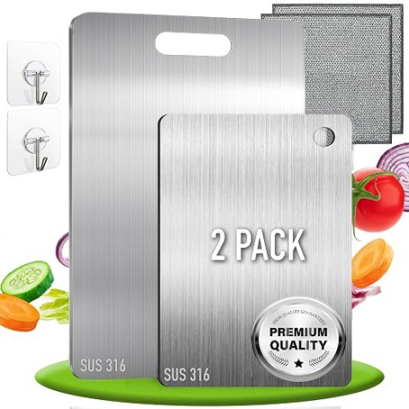 PACK 2 Planches a Decouper en Alliage de Titane SUS316 - Planche a Decouper en Acier Inoxydable pour Cuisine + Crochets et Chiff