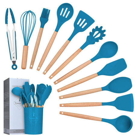 Ustensiles de Cuisine,Lychee 12PCS Kit d'Ustensiles de Cuisine en Silicone et Bois, Ustensiles Cuisine Antiadhésive Set avec Pot