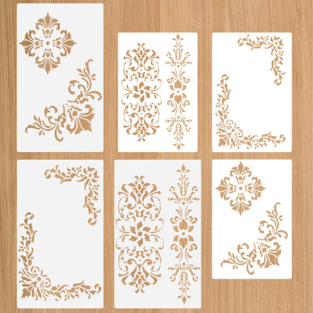 Yuomeaz Lot de 6 pochoirs créatifs réutilisables pour peinture, gabarit de bordure d'angle vintage pour mur, meubles, scrapbooki