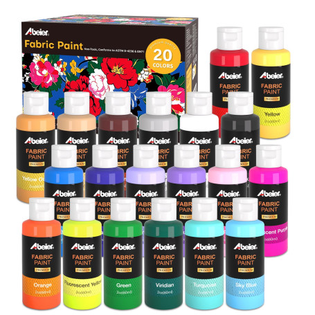 ABEIER Peinture Acrylique, 20 Couleurs (60 ml/2 oz), peinture textile permanente pour vêtements, peintures pour tissu, Non Toxiq