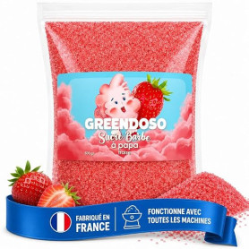 GREENDOSO® Sucre Barbe à Papa Fraise pour Machine 500g, Arôme Naturel | Goût Fraise Intense. Créez 15 à 20 Barbapapa. Idéal Fête