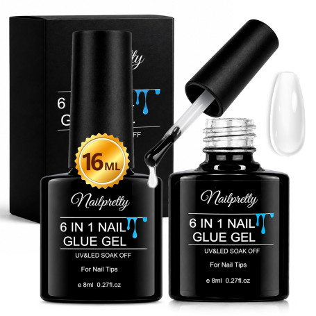 2 x 8ml Colle Faux Ongle 6 en 1, Colle Faux L'ongle Avec Pinceau | Extra Forte Rapide, Longue Durée, für Die Nagelverlängerung u