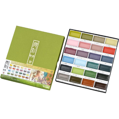 Kuretake Coffret d’aquarelles Gansai Tambi, 24 couleurs II, Art nouveau | 24 bright and opaque colours, large buckets, palette a