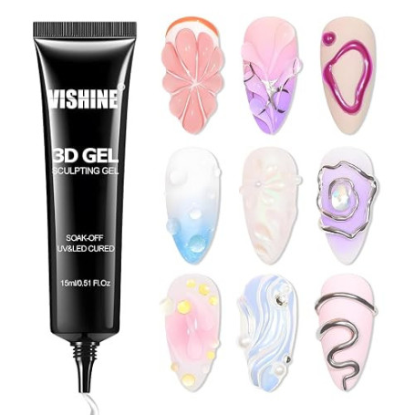 Vishine 3D Nail Gel Nail Art – Gel Sculptant Transparent 15g No Wipe, pour Dessins, Moulages, Strass 3D, Sculptures et Décoratio