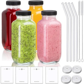 Bouteille en Verre avec Couvercle,4pcs Bouteilles Smoothie Reutilisable | 480ML Bouteilles Verre avec étiquette et Paille,Boutei