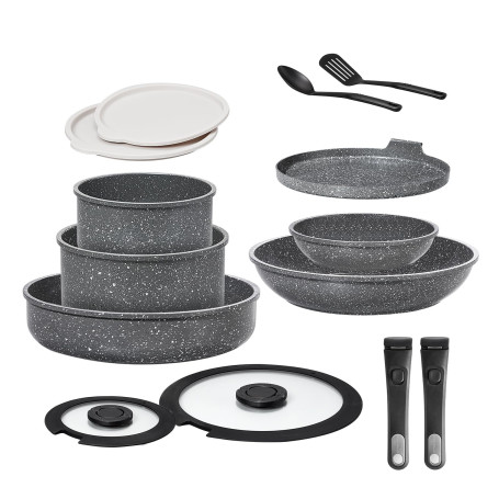 ESEVOLO Batterie de cuisine 14 pièces induction Casseroles Poêles 28cm/20cm | Lot de Casseroles avec poignées amovibles, Empilab