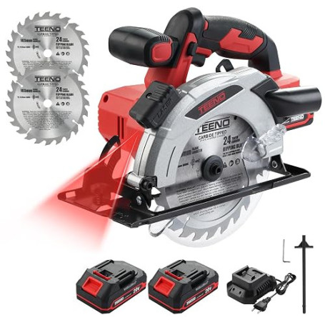 TEENO Scie circulaire laser sans fil 4000 RPM avec frein électrique, 2X2.0 AH batteries, 2X165mm lames, profondeur et angle de c