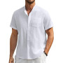 Enlision Hommes Chemises Manche Courte Chemise Lin Homme Solid Henley Shirts Été Col Mao Chemise de Plage Classique S-4XL
