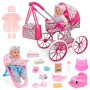 deAO Kit Poussette pour poupée avec Poupée 31cm, 2 Tenues et Chaise Haute | Kit Jeu de Poupée Accessoires avec Sac, Biberon Pot 