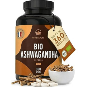 TRUE NATURE Ashwagandha Bio - (360 Gélules) - Extra Fort: 2600mg par jour | Withanolide - Bien-Être, Énergie, Stress - Vegan - S