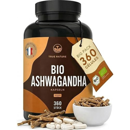 TRUE NATURE Ashwagandha Bio - (360 Gélules) - Extra Fort: 2600mg par jour | Withanolide - Bien-Être, Énergie, Stress - Vegan - S