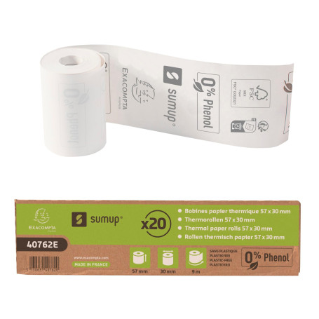 Exacompta SumUp - Réf. 40762E - Boîte de 20 bobines thermiques pour carte bancaire 57x30mm, 1 pli thermique 55gm sans Phenol, sa