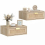 HOMCOM Lot de 2 Tables de Chevet Murales avec Tiroir Chêne | Tables de Nuit Suspendues, Effet Rotin, Style Bohème, pour Chambre
