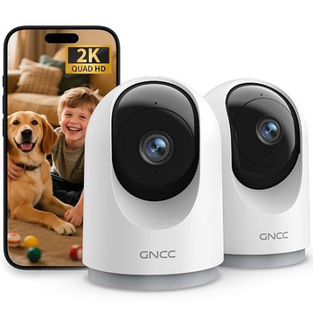 GNCC Caméra Surveillance WiFi Intérieure 2K 3MP pour Bébé/Animaux(Lot de 2) | 2.4G/5GHz WiFi, Vision Nocturne Infrarouge, SD/Clo