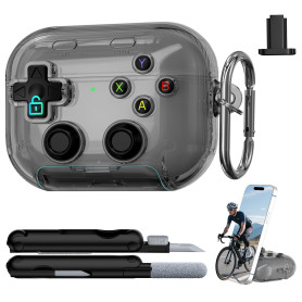 RFUNGUANGO Coque Transp AirPods Pro3, Verrou, Touches Anti-Stress, Noir | Coque antichoc avec kit nettoyage, support téléphone à