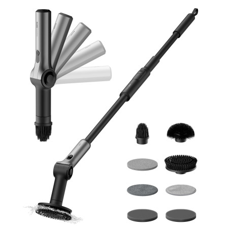 HOTO Brosse Nettoyage Électrique Sans Fil IPX7, 8 têtes interchangeables | Angle réglable, poignée extensible adapté pour salle 