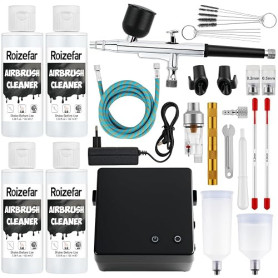 Roizefar Aérographe Kit 55 PSI, Double Action pour Buses & Nettoyants | Anti-bouchage avec Nettoyants 4x100ml, 3 Buses 0.2/0.3/0