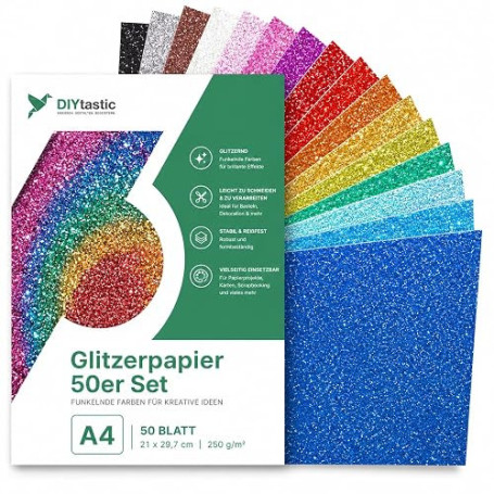 50x Papier pailleté au format A4 : Papier pailleté coloré de 250 g/m² - Idéal pour l'artisanat et la conception créative - Carto