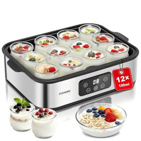FOHERE Yaourtière 12 pots 180 ml, 25W Machine à Yaourt Maison, Programmable, Ecran LCD, Corps en Acier Inoxydable, Sans BPA, Com