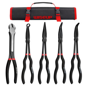 WISEUP Lot de 5 pinces à long bec en acier au carbone de qualité supérieure, 27,9 cm de long, droites, à bec coudé à 45°, pince 