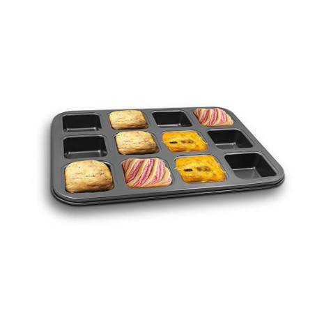 Moule à Brownie 12 Cavités Carré, Gris | Plaque de Cuisson Antiadhésive en Acier au Carbone pour Mini Gâteaux, Muffins, Financie