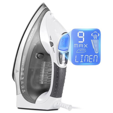 Beautural Fer à Repasser Vapeur 2400W 340ml LCD | Anti-gouttes, auto-nettoyage anti-calc, blanc/gris, puissant.