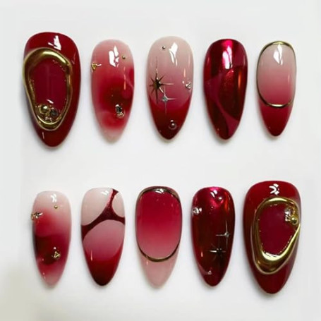 GlamRays 30 pièces Ongles Autocollants Rouges, Faux Ongles Amande Courts avec étoiles dorées en 3D, Design Perle, Press-ons, rec
