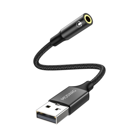 MOSWAG Adaptateur USB vers Jack 3,5mm Carte Son Externe AUX Stéréo 1 Pack | pour Casque Audio Micro TRRS Enceinte Haut Parleur C