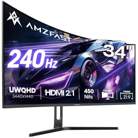 Amzfast Écran PC Gamer 34 Pouces 240Hz/UWQHD Moniteur Incurvé 3440x1440 (21:9), 450 nits, Eye Care, sRGB 131%, Adaptive Sync, HD
