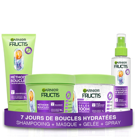 Garnier - Fructis Méthode Boucles - Routine 4 Produits - Shampoing, Masque & Spray Hydratant + Gelée hydratation et définition -