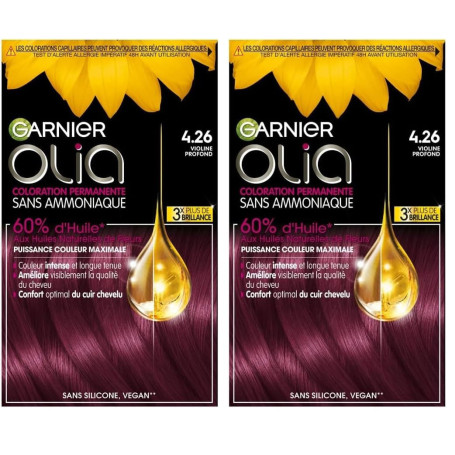 Garnier Coloration Permanente - Sans Ammoniaque - Aux Huiles Naturelles de Fleurs - Violine Profond (4.26) - Olia Vivids (Lot de