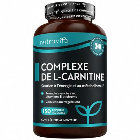 Nutravita L-Carnitine - Haute Dose Extra Fort - 150 Capsules Véganes | Avec Biotine, Chrome, Vitamines D, B3 & B6 - Pré-entraîne